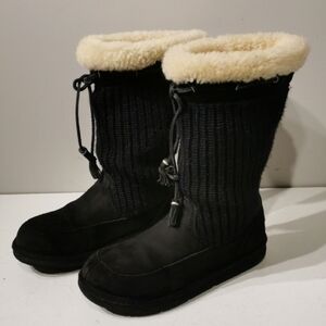 UGG Suburb Black Mid Calf Crochet Knit Leather Winter Boots Women’s
